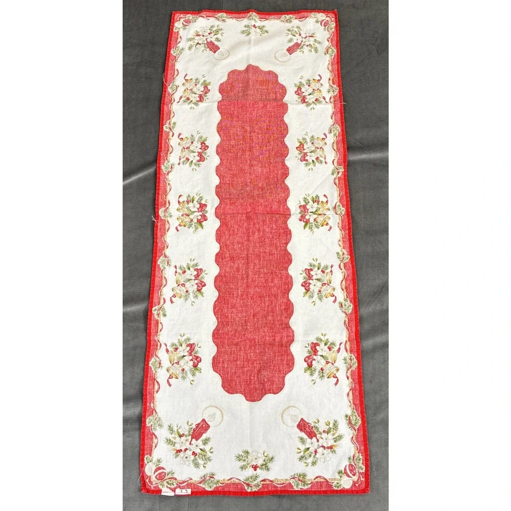 Vintage Table Runner Christmas Mid Century Bells Candles Holly 37” Bnfts Charity